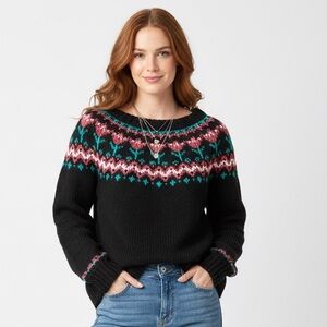 Hand Knit Fair Isle Sweater Black Pink Teal Apres Ski Winter Boho Cottagecore